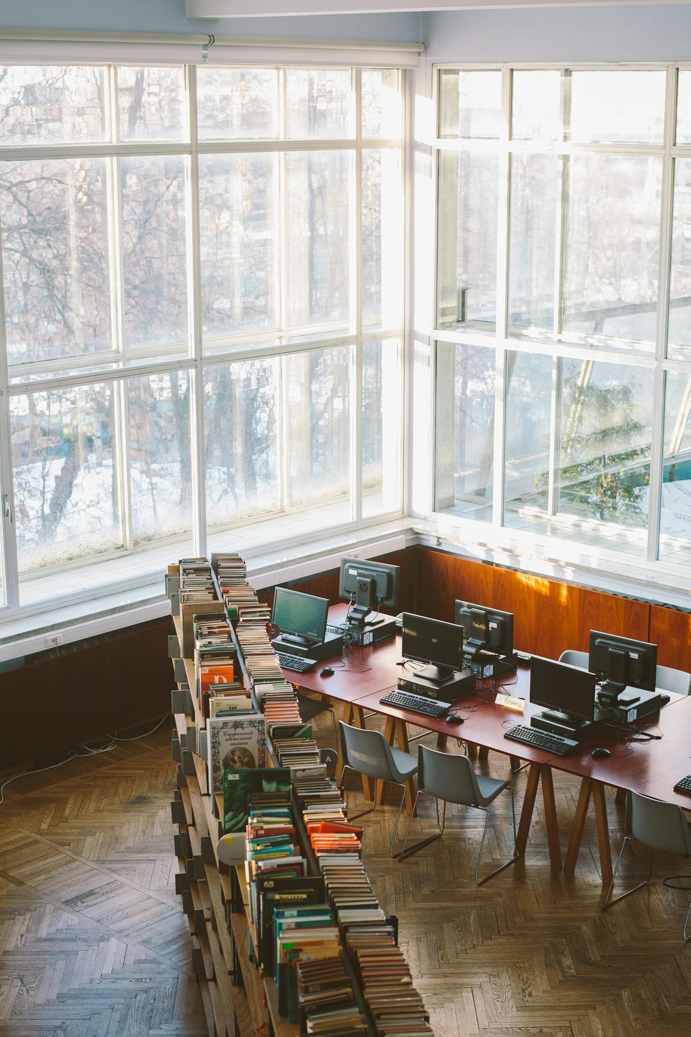 Library with large windows, bookshelves, and computers, perfect for studying.